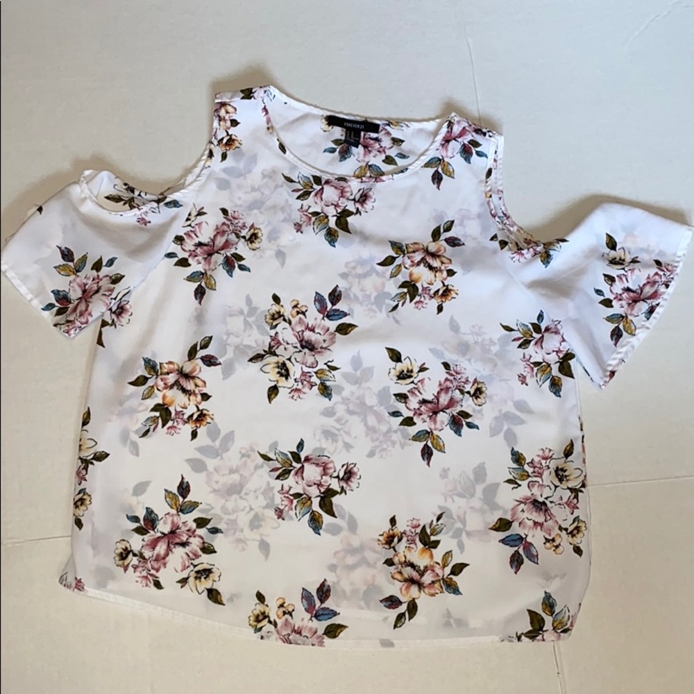 Forever 21 M Cold Shoulder White Floral Top EUC